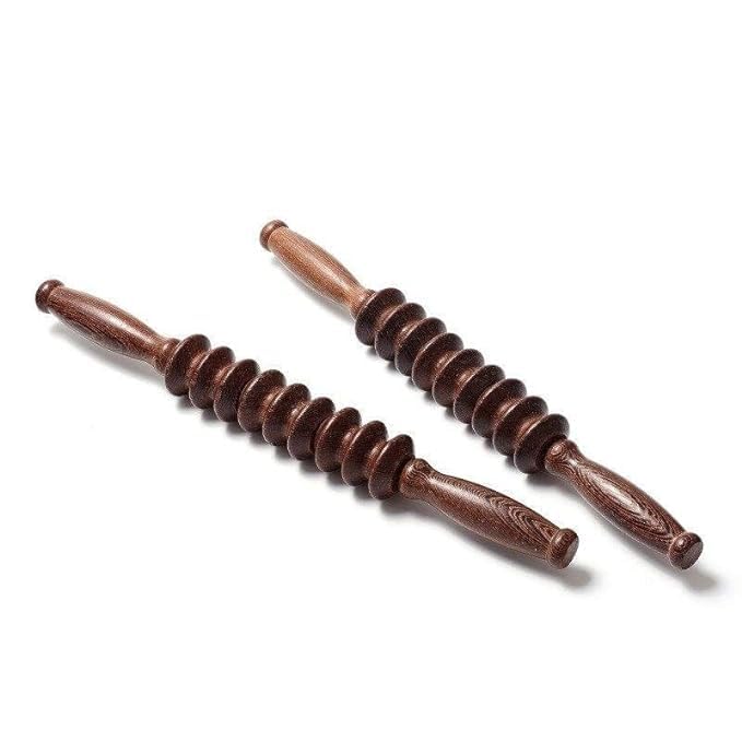 Kruvad 3 Wheel Wood Massage Stick Non Slip Handle Fascia Stick for Body Back Neck Sore Muscle Pain Relief Body Roller Hand Head Deep Trigger Poin
