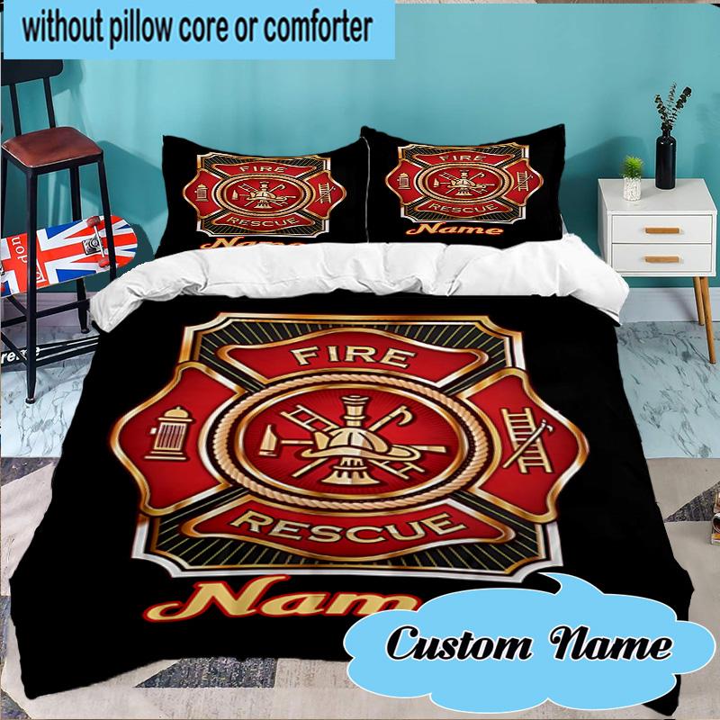 Custom Name 3PCS Firefighter's Pride Badge Bedding Set Including 1pc Duvet Cover And 2pcs Pillowcases for Bedroom, Dormitory Gift Home Decor