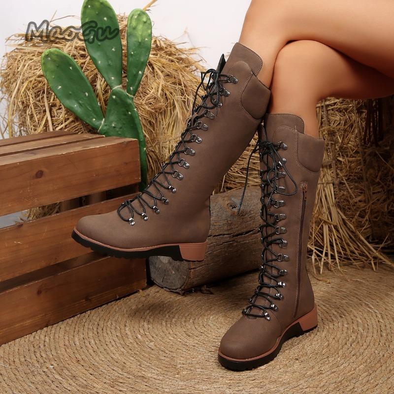 Size36-43 Brown Riding Boots Women's Winter New Side Zipper Round Toe Chunky Heel Long Botas Mujer Fashion Knee High Boots