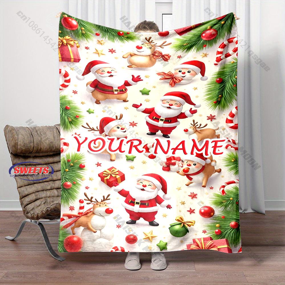 Personalized Custom Name Christmas Blanket,Santa Claus Reindeer Candy Cane Blanket, All Season Sofa Bed Blanket,Xmas Gift