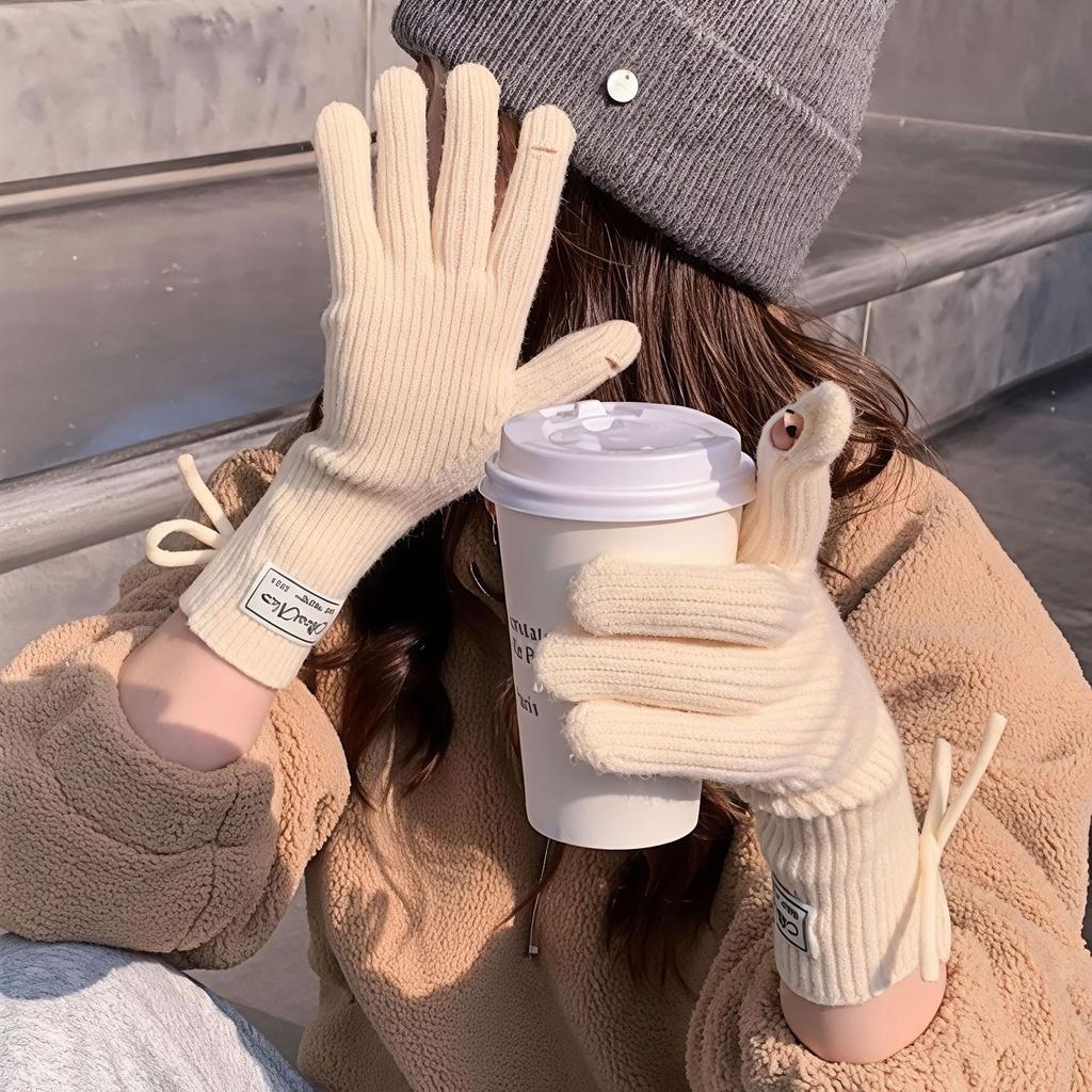 Bow Knitted Gloves Autumn and Winter Riding Can Touch the Screen To Keep Warm, Solid Color Adult Versatile Women's New Multi-color