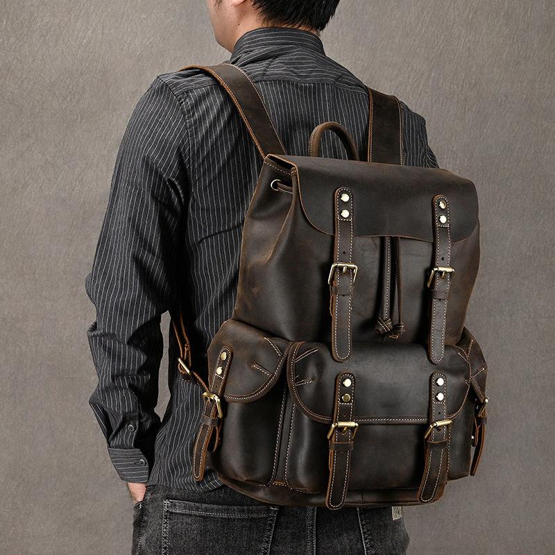 Explosive Men'S Leather Backpack, Leather Backpack, Large Capacity Flip Cover, Student Schoolbag, Men'S And Women'S Travel Bag