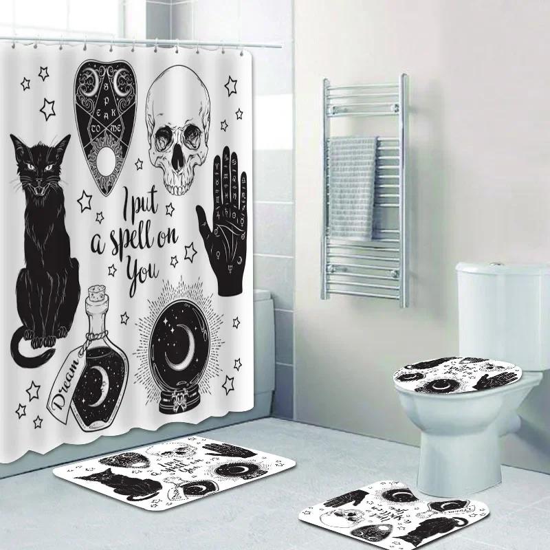 Spooky Pentagram Demon Satanic Goat Head Shower Curtain Set Rug Retro Black Magic Skull Tattoo Bath Curtains Mats Bathroom
