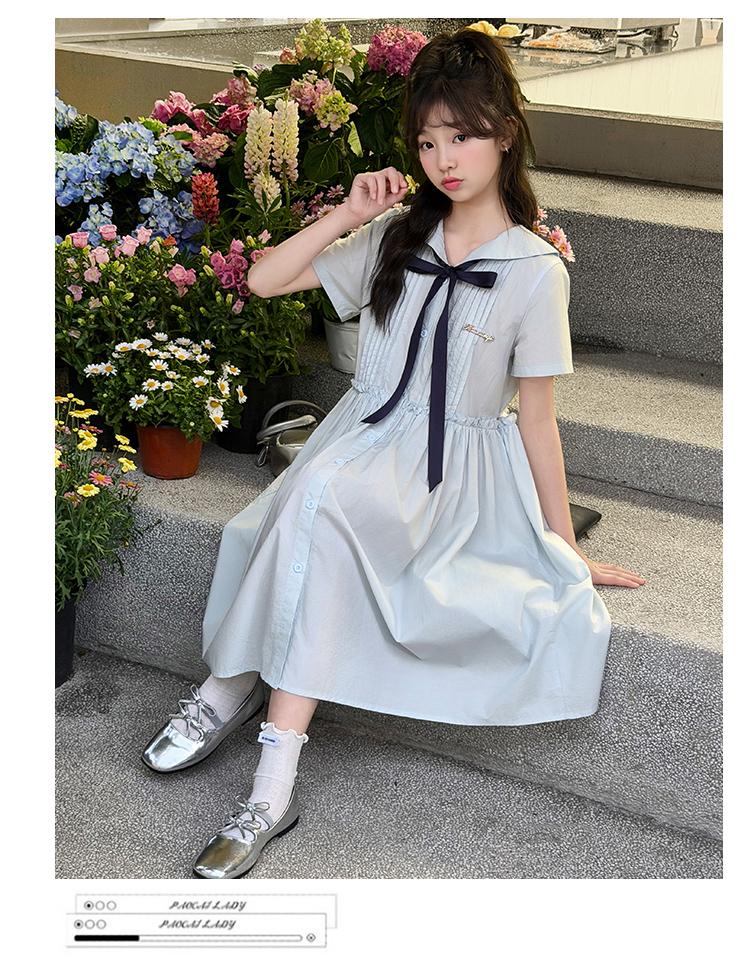 Girls' College Style Dress 2026 Summer New Navy Collar Strap Waist Skirt Western Short Sleeve Princess Dress