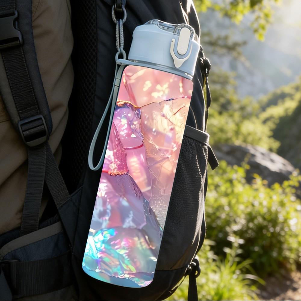 1PC Iridescent Crystal Swirl Marble Texture 750ml Color Plastic Sports Water Bottle Leakproof Flip Straw Lid Suitable for Sports Office Home Use