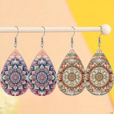 Boho Style Mandala Floral PU Drop Dangle Earrings for Women, Vibrant Spring Meditation Theme Double Sided Hoop Earring, Holiday Party Accessories