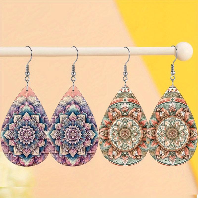 

Серьги-подвески в стиле бохо с мандалой и цветочным узором из ПУ для женщин, яркие весенние серьги-кольца с двусторонним дизайном на тему медитации, аксессуары для праздничной вечеринки