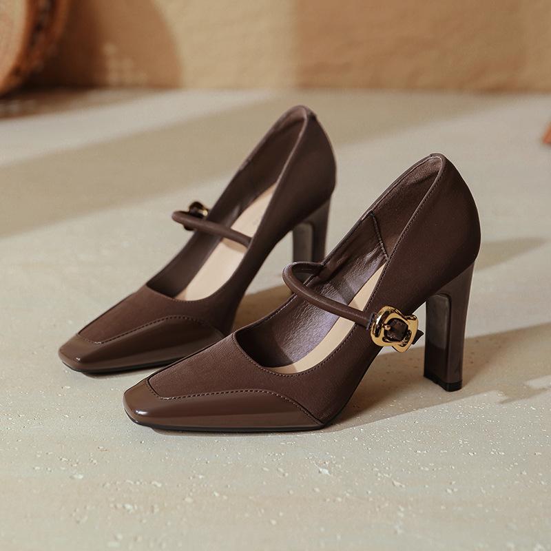 High-heeled Mary Jane shoes with red high heels thick heel sexy new splicing square head single shoes