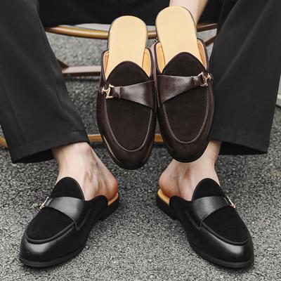 New Men Half Slippers Monk Strap Loafers Male Casual Suede Leather Black Brown Mules Moccasins Breathable Driving Shoes