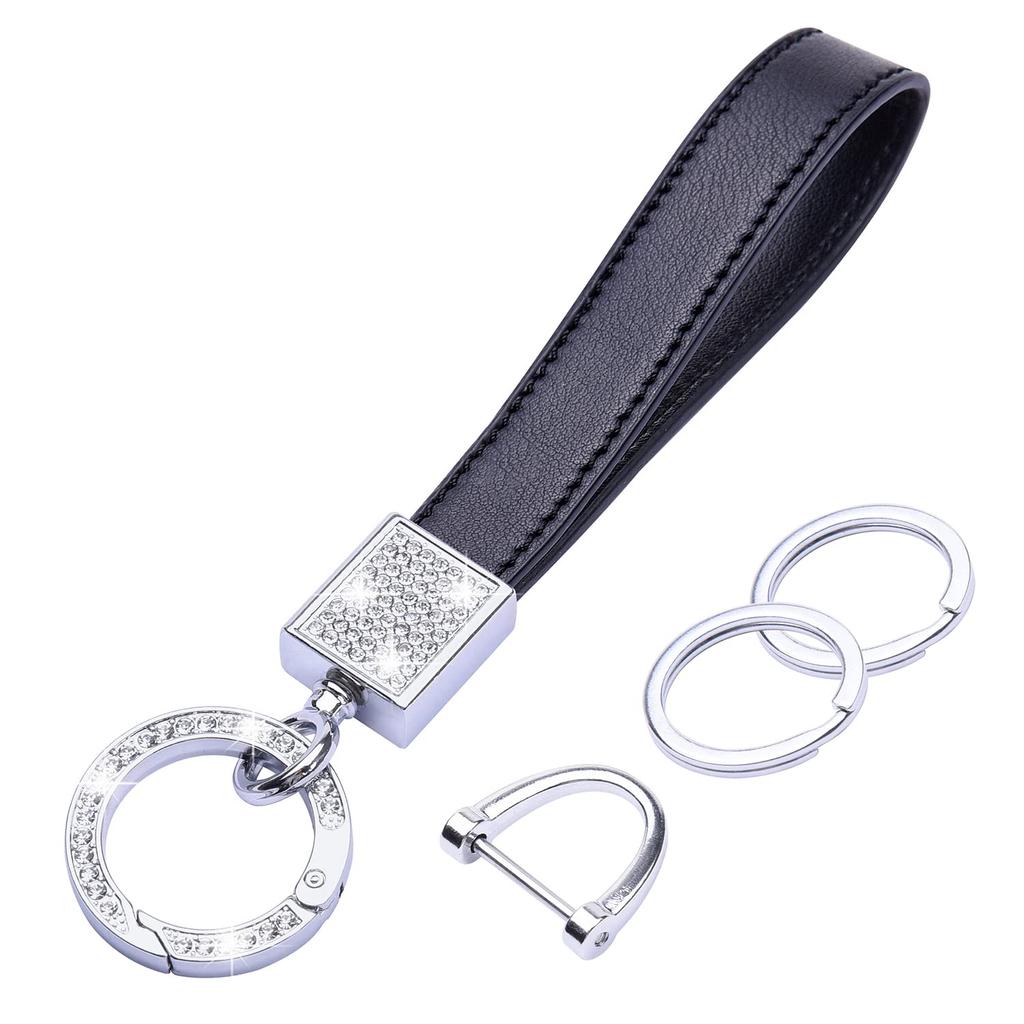 Wisdompro Car Key Chain, Glitter, Genuine Leather, Car Key Chain, Lost Prevention, Smart Key, Stylish, Black