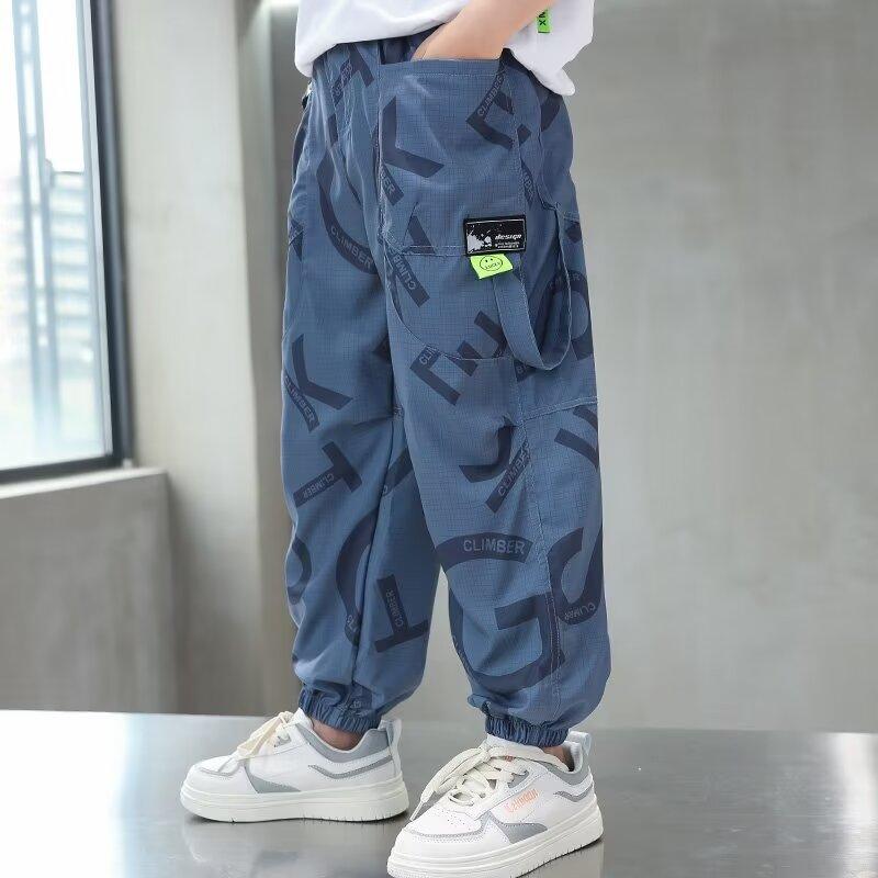 

Летние быстросохнущие спортивные брюки для мальчиков Весенне-осенние брюки для больших мальчиков 2025 Новые брюки из ледяного шелка Детские летние брюки с защитой от комаров Модные 170 синий