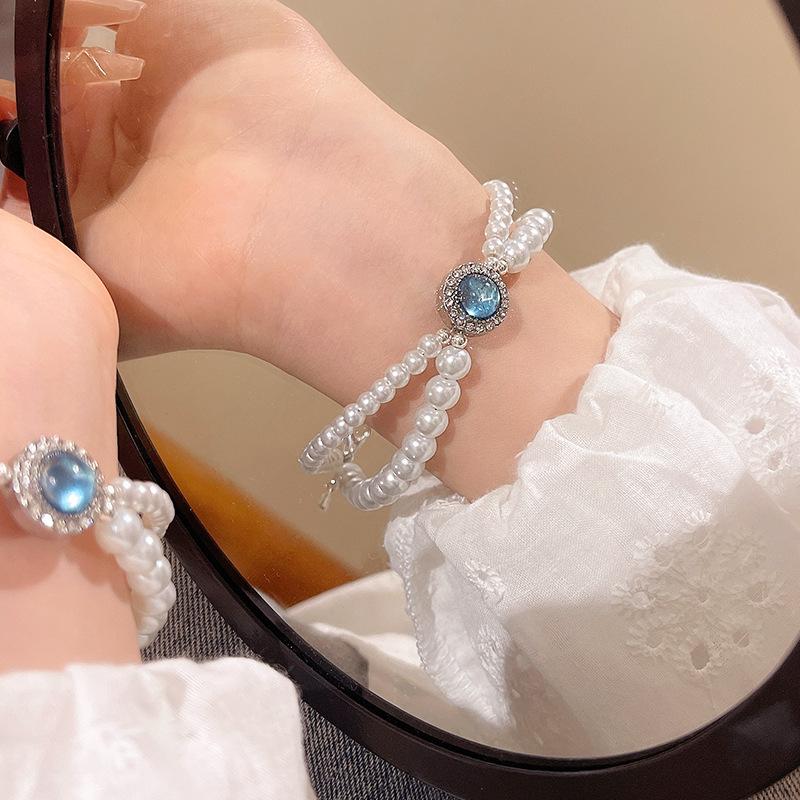 2025 Popular Aquamarine Pearl Bracelet Women's Light Luxury Design Double-layer Bracelet Jewelry