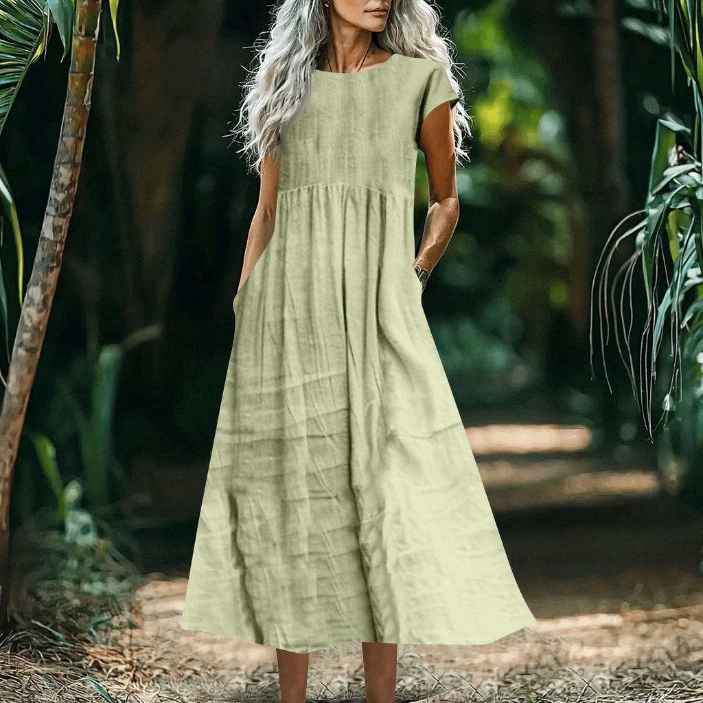 Women's Fashionable Solid-color Cotton And Linen Sleeveless Loose Pocket Dress