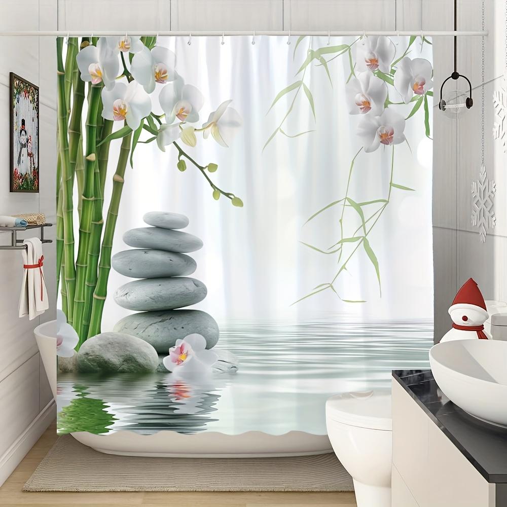 Waterproof Shower Curtain with Zen Inspired Design Featuring Stacked Stones Bamboo and Orchids for a Relaxing Bathroom