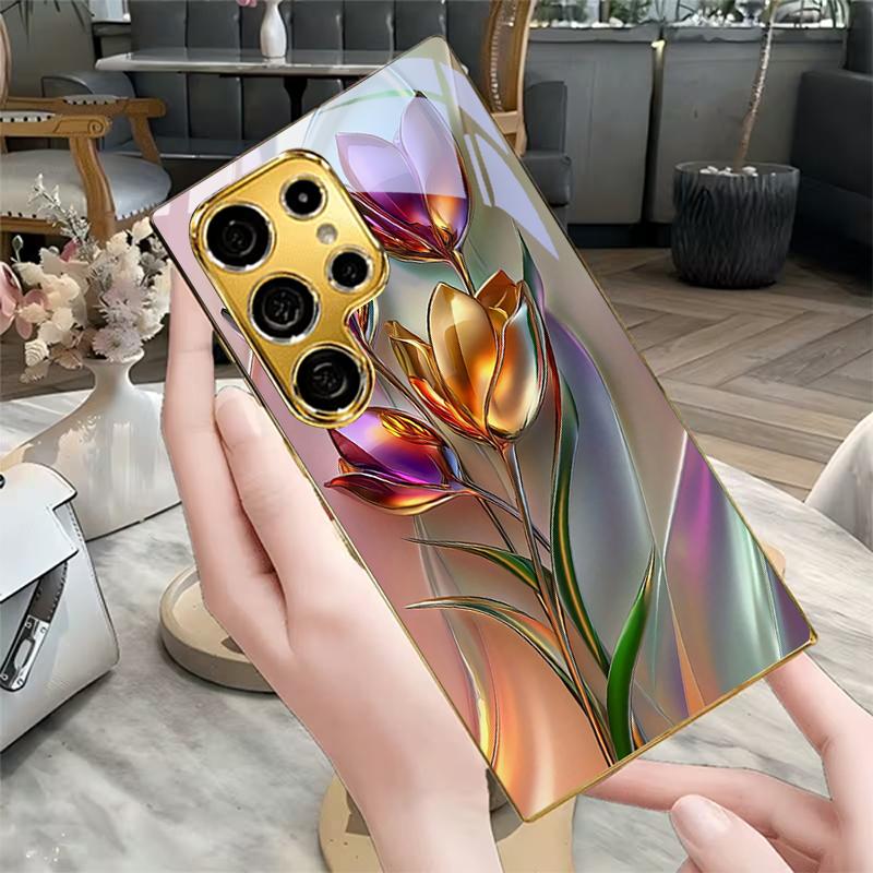 Glossy Metallic Flower Electroplated Golden Phone Case For Samsung S22 Ultra S21 S20 FE S23Plus S24 S25 S26 Note 20 Glass Cover