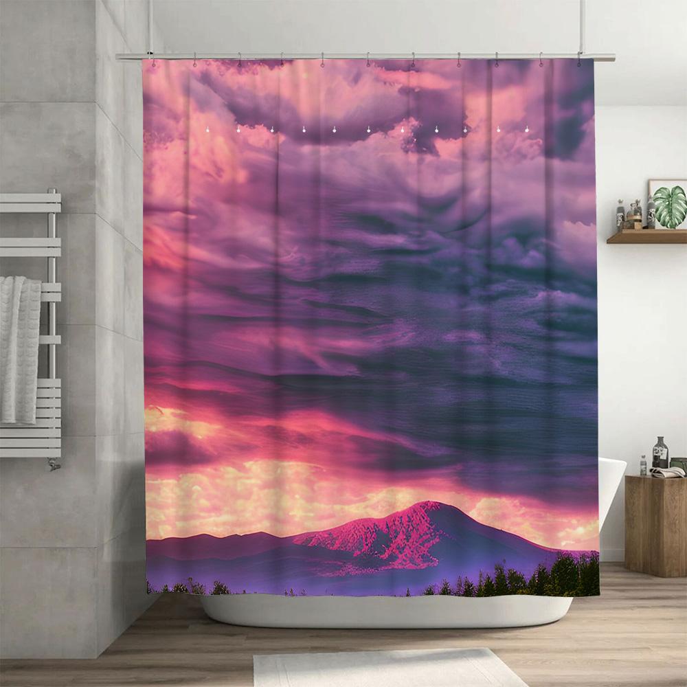 Lila Wolken Duschvorhang Wasserfall-Druck Badezimmer-Dekoration Für Kinderzimmer Rosa Himmel Berge Design, Wasserdichtes Gewebe Größe 180X