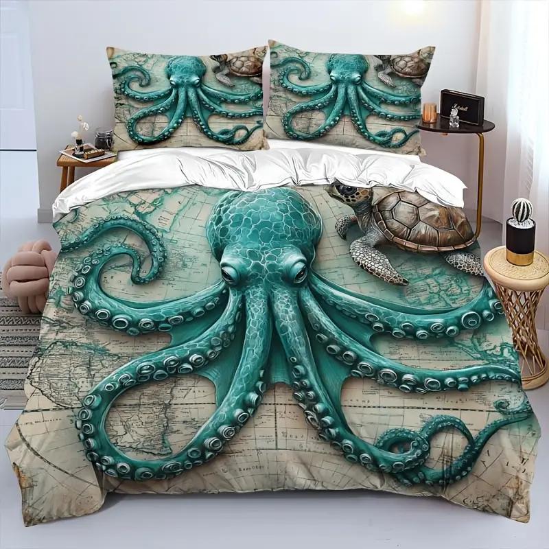 Vintage Octopus Duvet Cover Set, Nautical Sea Life Print Quilt Cover, Soft Comfortable Breathable Bedding Set For Home Decor