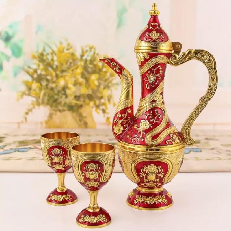 Evropská sada vína, Slitina Domácí vinný džbán Sada sklenic na víno, Zlatá Vintage sklenice na víno, Starý vinný džbán Domácí dekorace obývacího pokoje,1Sada