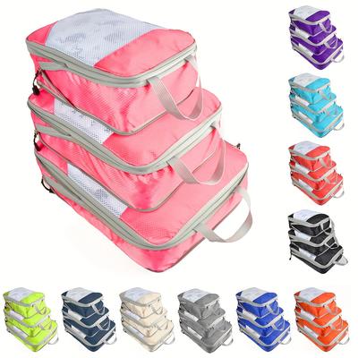 3pcs Portable Travel Storage Bag Set With Mesh Stitching, Double Layer Zipper Foldable Luggage Organizer, Clothing Storage Bags