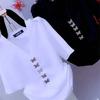 Summer Women Solid Color T-shirt Butterfly Decoration Female Elegant V-Neck Sexy Backless Pullovers