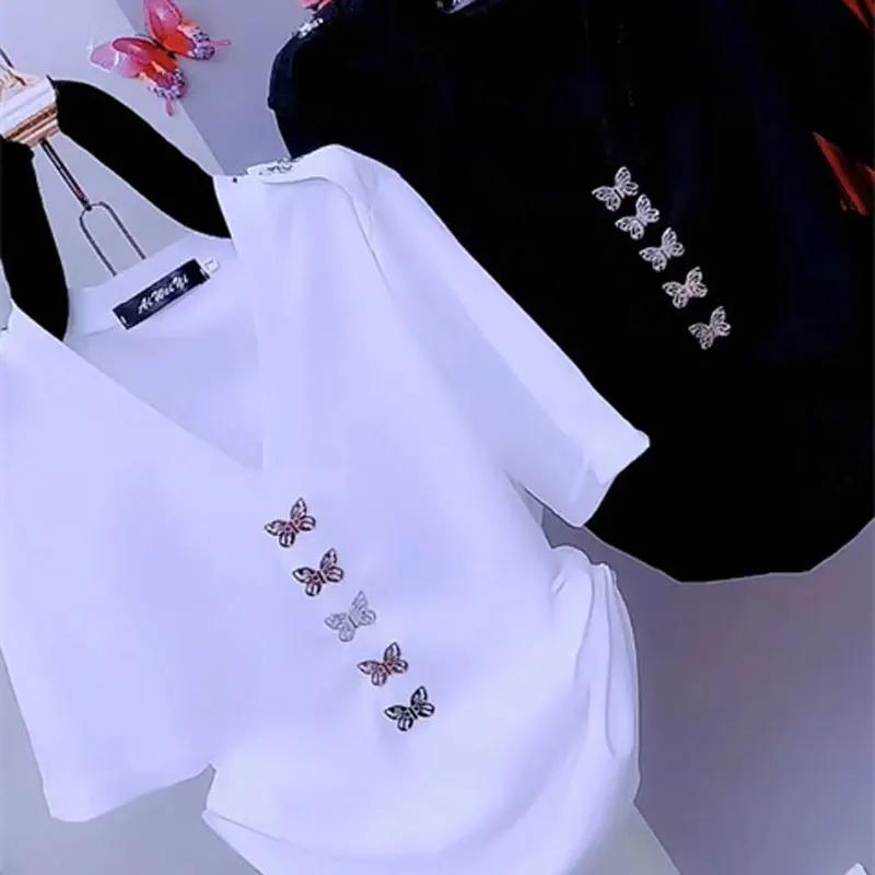 Summer Women Solid Color T-shirt Butterfly Decoration Female Elegant V-Neck Sexy Backless Pullovers