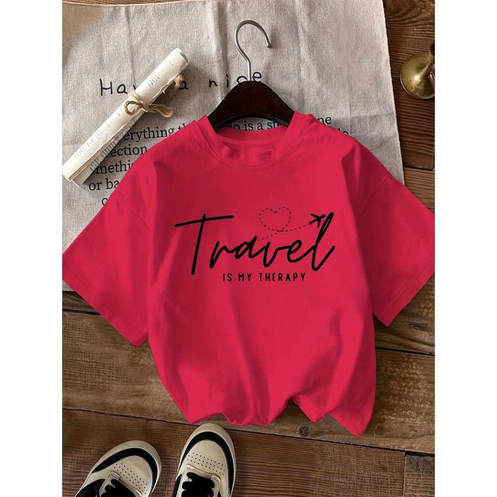 Women Casual Crew Neck T-Shirt Travel Is My Therapy Graphic Summer Short Sleeved Harajuku Streetwear Tops Tees