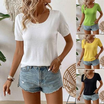 Women's Summer Thin Knitted Top, Slim Fit Short Sleeve Crew Neck T-Shirt