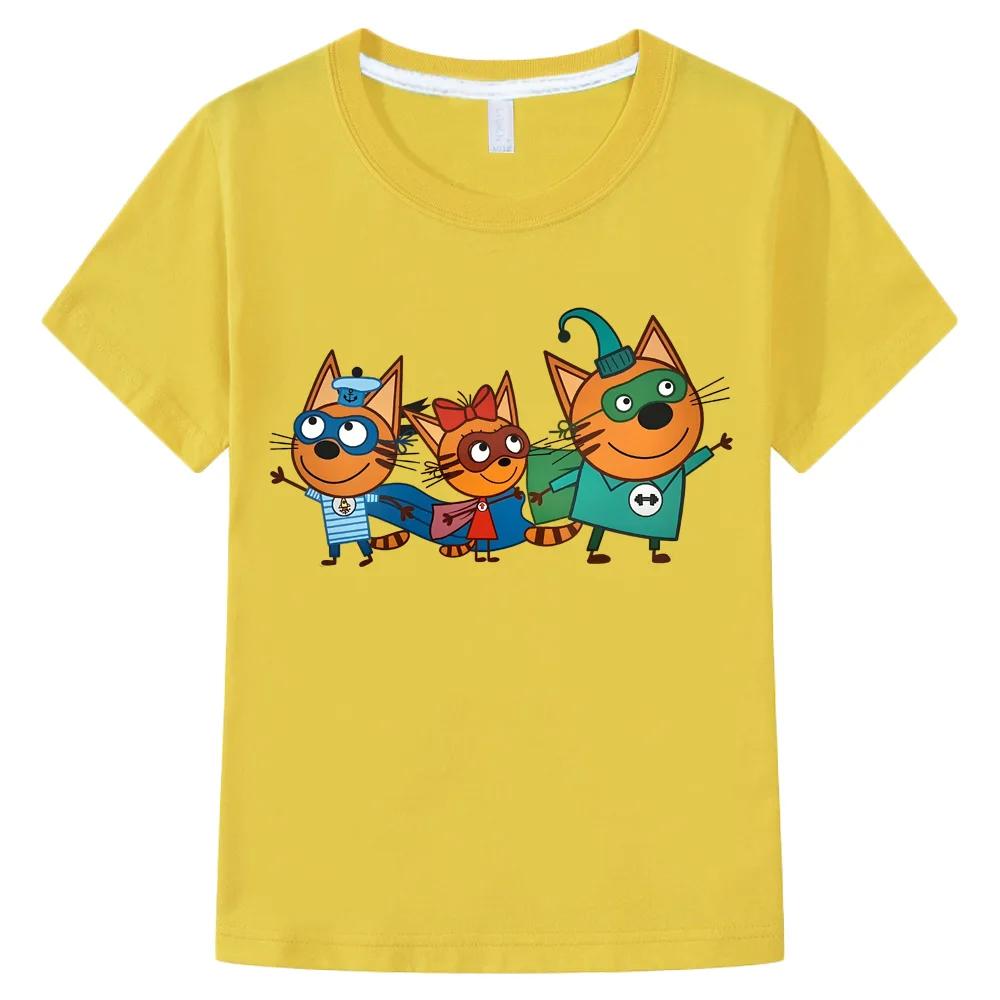 Three Super Hero Cartoon Cats Print Kids Short Sleeve T Shirt Soft Polyester Crew Neck Boys Girls Summer Casual Daily Wear Tee Top
