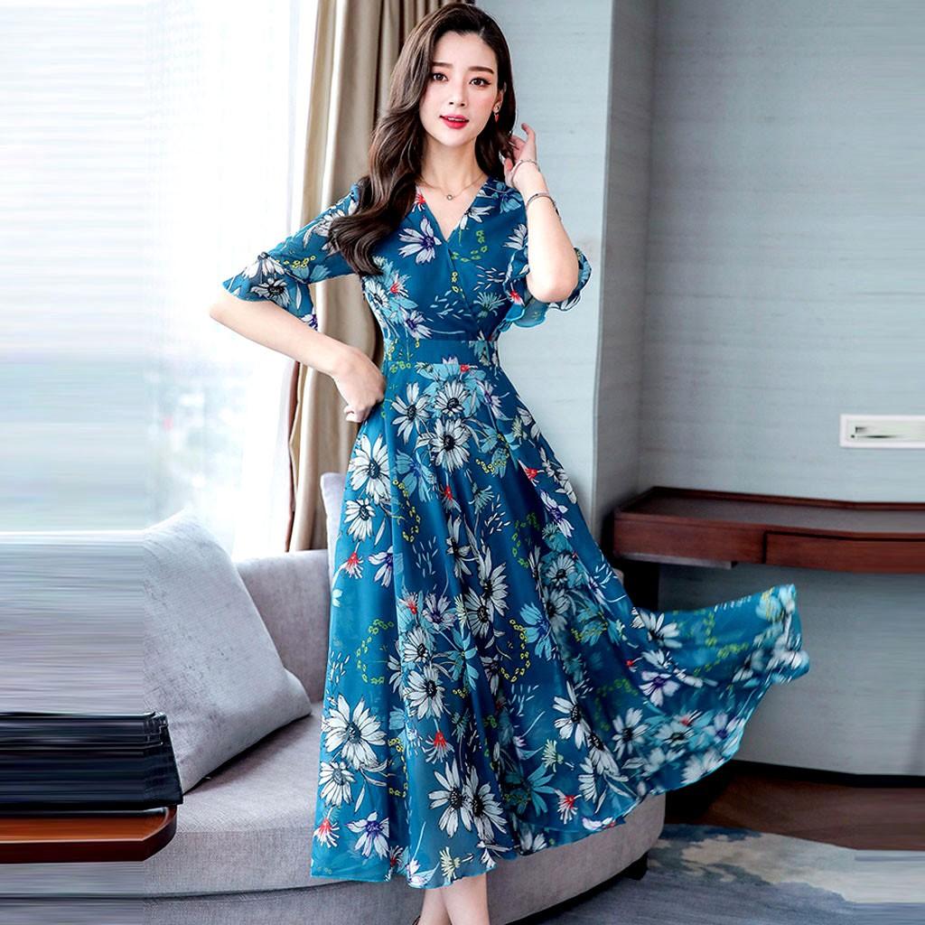 Deqiang Women's V-Neck Long Sleeve Mini Dress - A-Line Tie Waist Spring Dress (Royal Blue) - View #2
