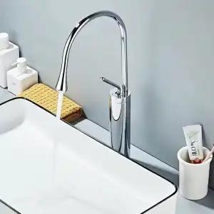 Golden Swan Neck Faucet, High Arc Deck Mount Tap for Bathroom Vanity & Kitchen Island, Cold & Hot Water Mixer