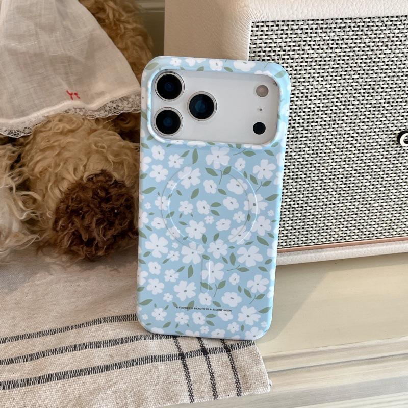 Apple iPhone 17 Pro Max/16 Pro Blue Magnetic Film Case White Floral Design Hearts Girl