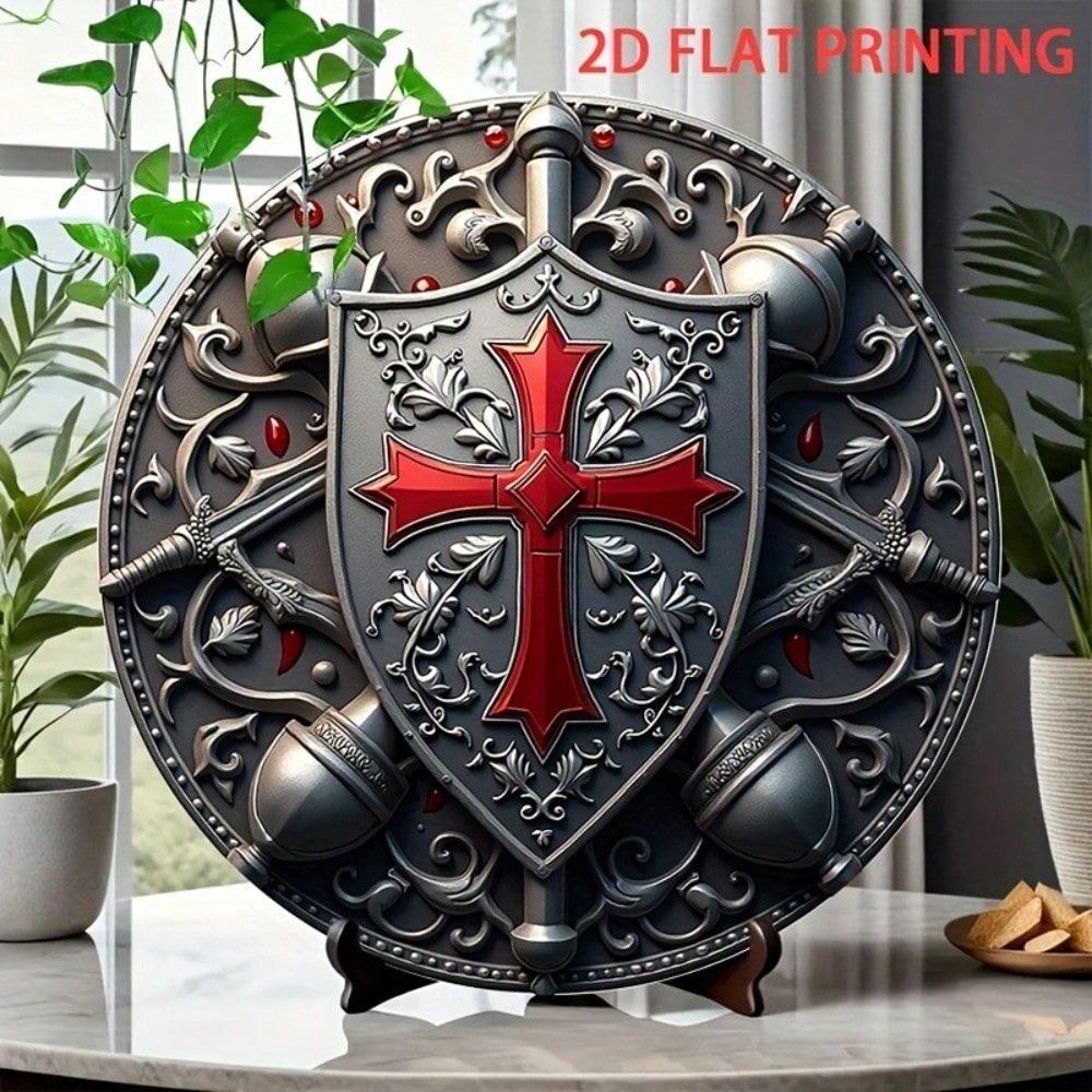 Metal Wall Art Poster, Templar Knight Vintage, Embossed Pattern Red Cross, Home Decor