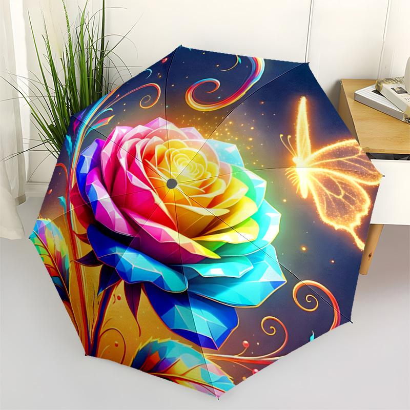 

1pc Rainbow Rose Automatic Opening/Closing Folding Umbrella with 8 Ribs, Plastic Handle, Windproof Portable Sunshade Umbrella yy251222195