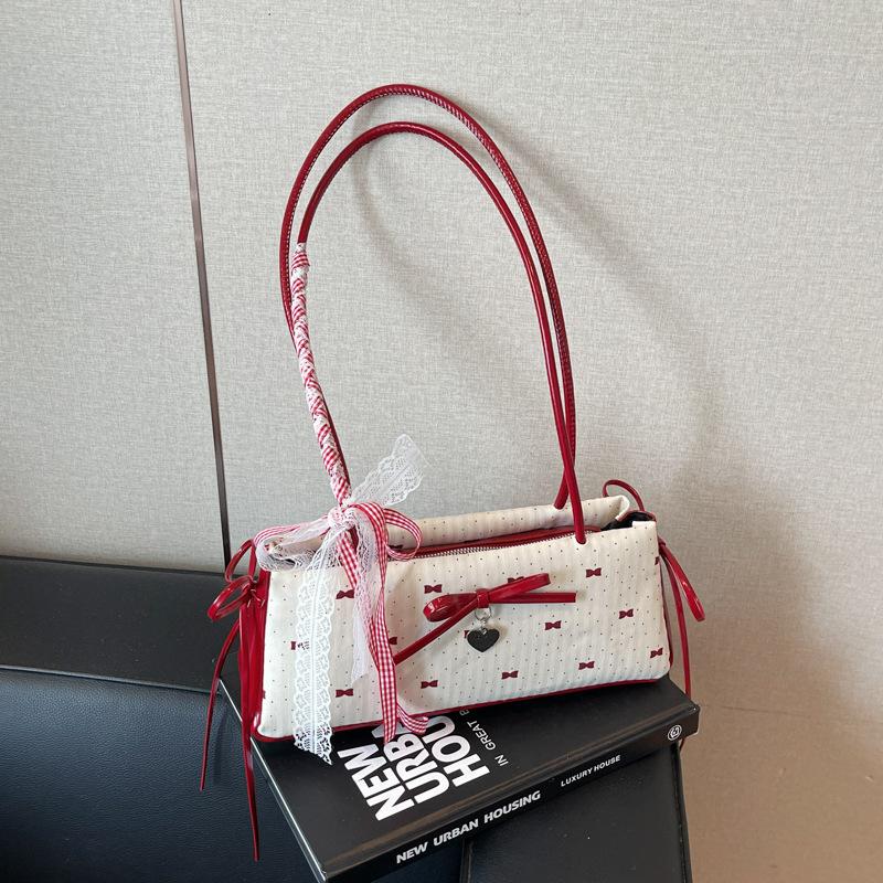 Bow Polka Dot Small Bag Women's New Fashion Seersucker Baguette Bag Summer Niche Commuter Shoulder Bag