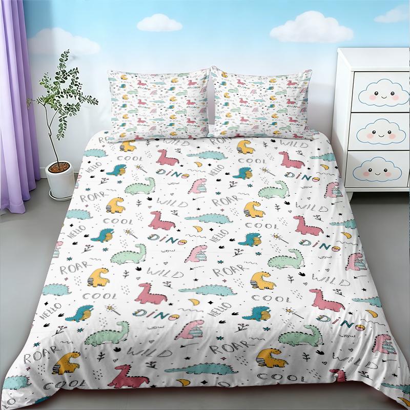 Duvet Cover 3pcs Cartoon Cute Color Dinosaur Print Coreless Down Duvet Cover Set, Multi Size Bedding Decoration, soft beautiful