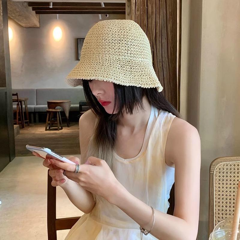 Handmade Crochet Straw Bucket Hat Summer Beach Sun Protection Hat for Women