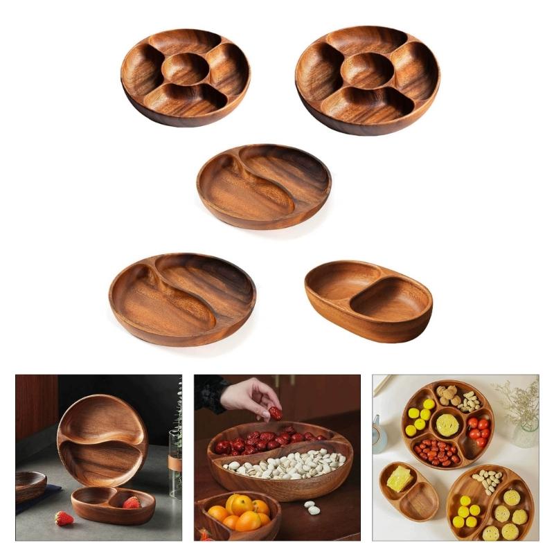 Wood Divided Serving Tray Appetizer Platter Snacks Tray with Dining Grid Round Serving Dishes Nut Holder Platters