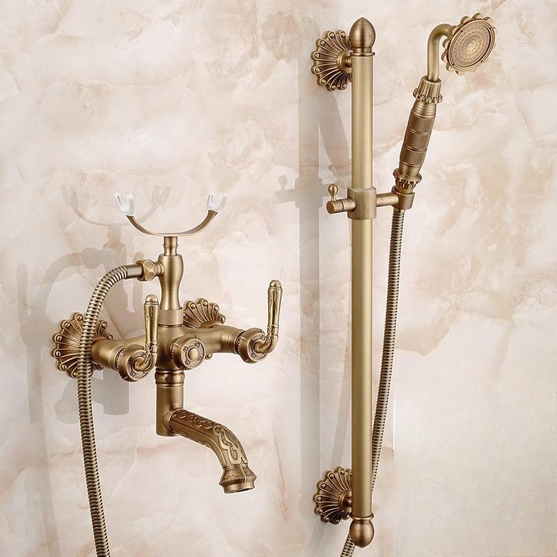 Retro Bathroom Bathtub Faucet Wall Mounted Hand-operated Showerhead Antique Brass Simple Showerhead Set for Bathing