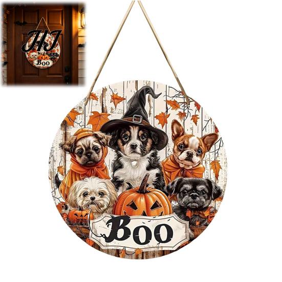 Front Porch Hanging Sign Wooden Halloween Door Sign, Cute Puppy Witch Hat Pumpkin Boo Festive Home Ornament Hanger, Fall Maple Leaf Wall Decor