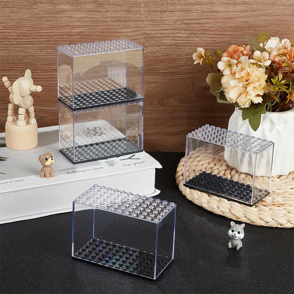 6pcs Rectangle Plastic Minifigure Display Case with Black Base for Figures Clear 9.6x4.8x6.9cm