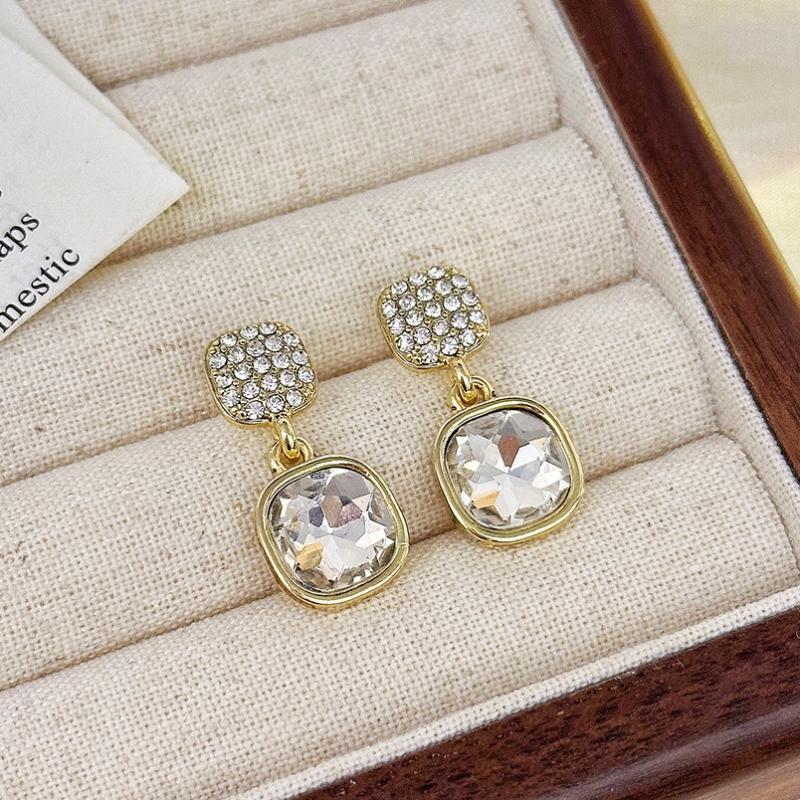 Square Zircon Crystal Rhinestone Drop Earring Punk European and American Exaggerated Metal Geometric Brincos Wedding Jewelry