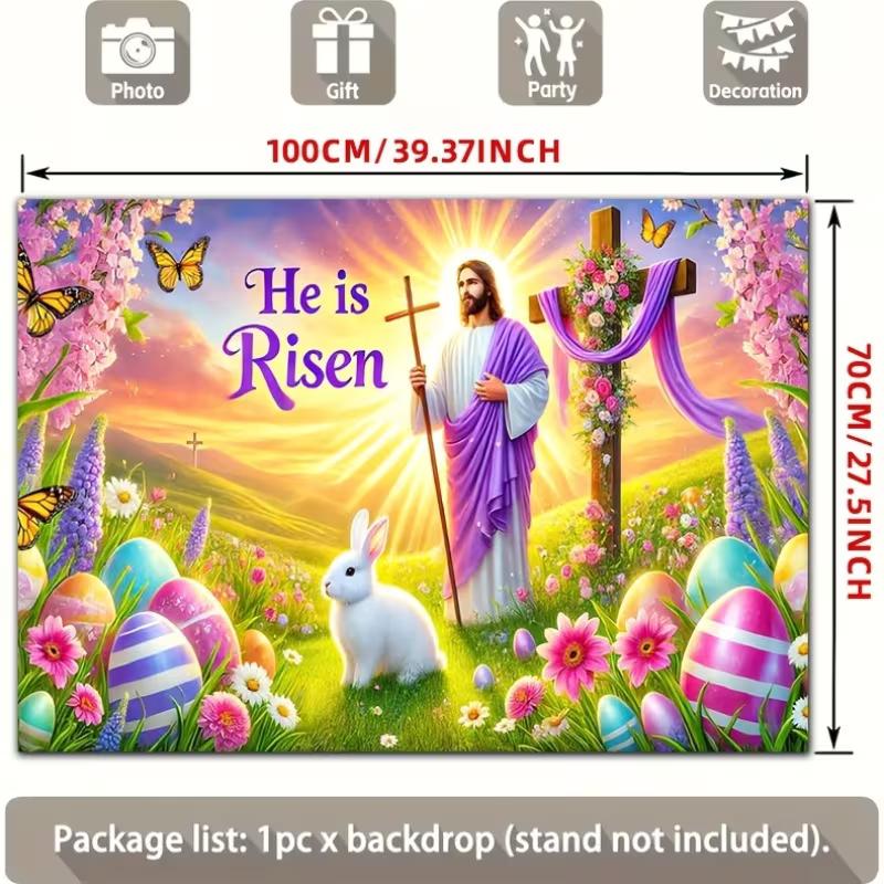2D Christian Easter Backdrop Jesus Cross Floral & Eggs Party Banner