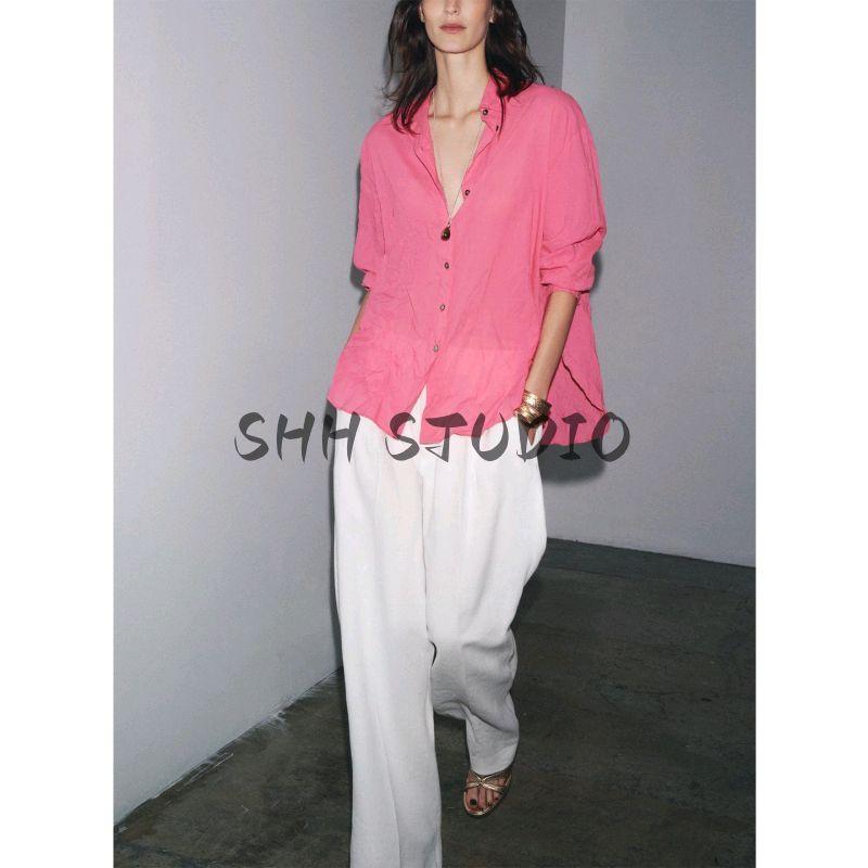 Summer New Product Women's Clothes Cotton Blend Asymmetric Hem Contrast Color Button Ruched Lapel Shirt 8041278