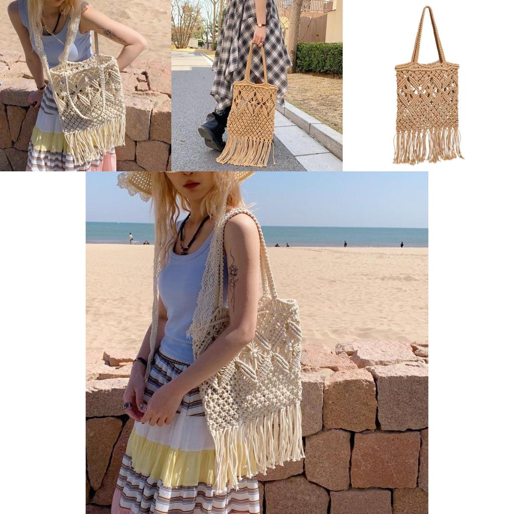 Bohemian Style Solid Color Large Capacity Women Casual Woven Bag With Tassels For Summer Beach Vacation Women