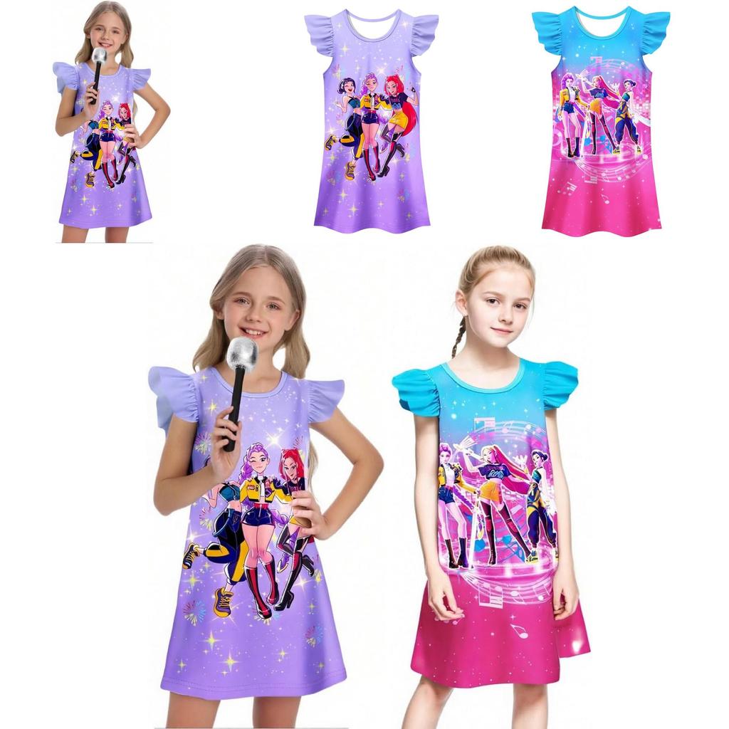 Kpop Demon Hunters Pattern Girl Sleep Dress With Cartoon Pattern For Kids Summer Wear