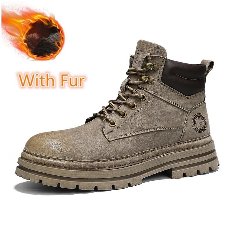 Fashion Men Winter Plush Snow Boots Cow Suede Leather Winter Men Boots Chelsea Fashion Shoes Vintage Motorcycle Boot Warm Winter Shoes