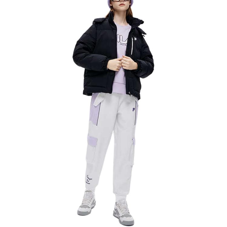 Fila Fusion Logo Print Fashion Casual Warm Hooded Down Jacket Women outerwear Deep-Black T11W241911FBK
