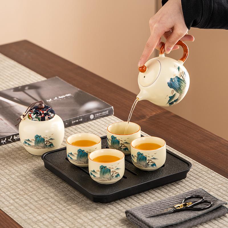 Ru kiln Kung Fu tea set, household new open-piece teapot, tea tray, office, high-end tea making and drinking tea set