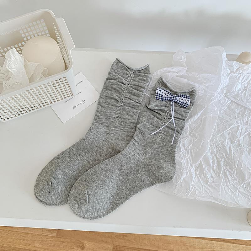 

Женские весенне-осенние милые кружевные сетчатые носки с бантом, плиссировкой и волнистым краем в стиле балетного ветра 1 pair серый