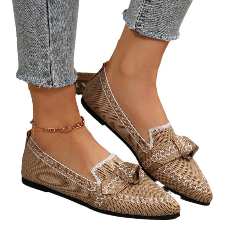 Spot Foreign Trade Thin Pointed Large Size Flat Single Shoes Fly Weaving One Pedal Bow Casual Breathable Women's Shoes